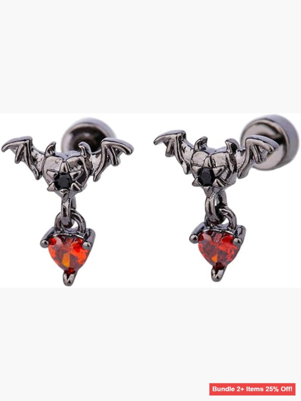 20g Bat Heart Charm Screw Back Stud Earrings Hypoallergenic Stainless Steel